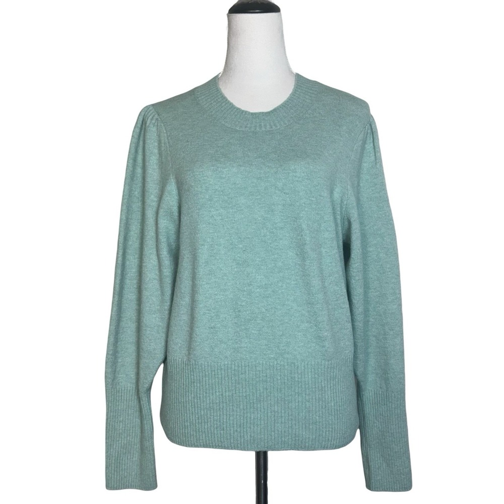J Crew Puff Sleeve Merino Alpaca Crew Neck Sweater Size L Green Supersoft Yarn